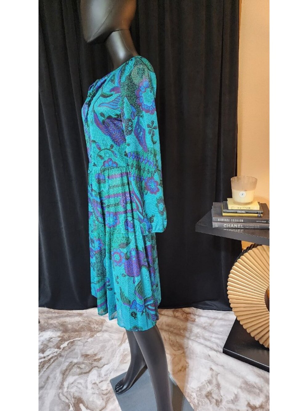 1980s KEVIN STUART PETITES psychedelic midi dress blue green abstract vintage - Picture 9 of 11